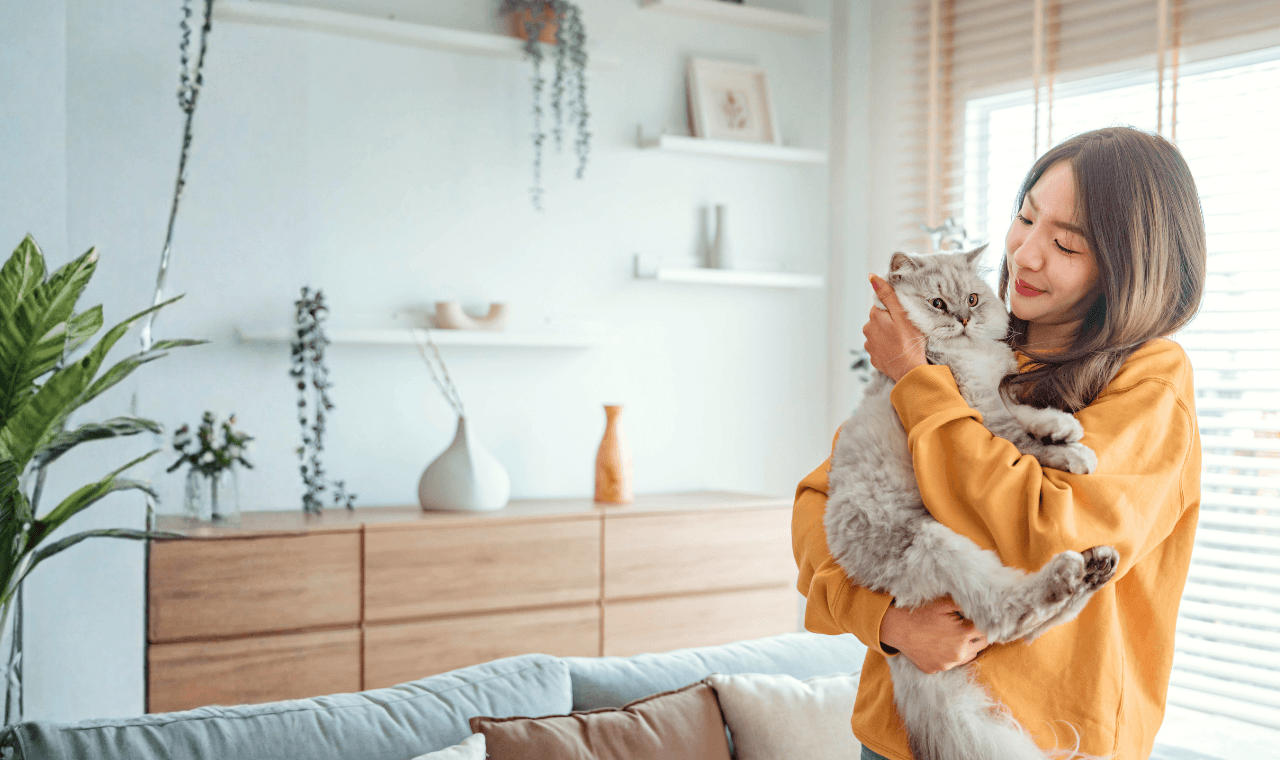 A pet owner holding a cat at home.